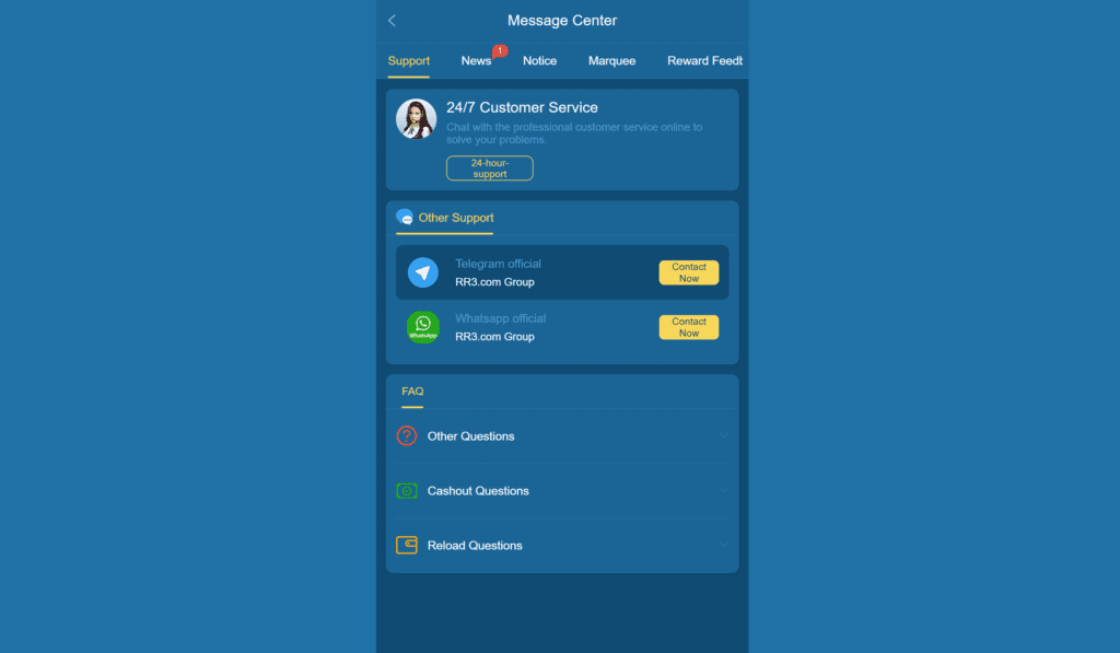 RR3 Game 24/7 Customer Support Section